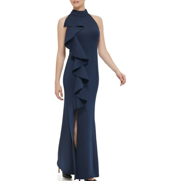 JESSICA HOWARD
1Pc Sleeveless Mock Neck Cascade Ruffle Gown W/ Slit At Hem Navy - Picture 5 of 8
